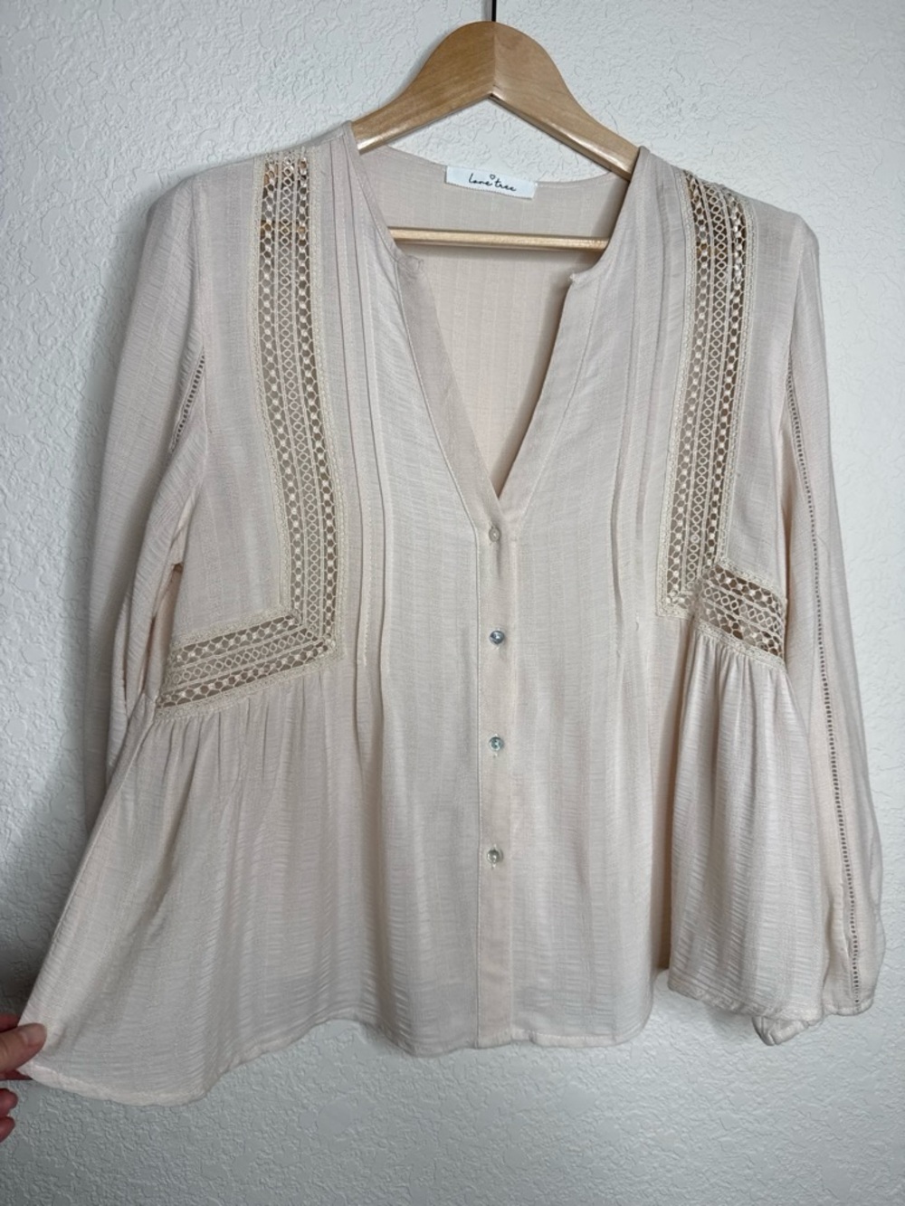 Crochet Lace Trim Peplum Boho Blouse Blush Cream Sz M Cottagecore Romantic